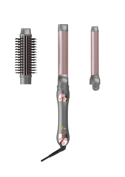3 in 1 Interchangeable Automatic Rotating Curling Iron & Thermal Brush Set, (1''-1.25'') Curling Iron, Automatic Hair Curler with 1.5'' Heating Round Curling Brush, Instant Heat-Up, Gray
