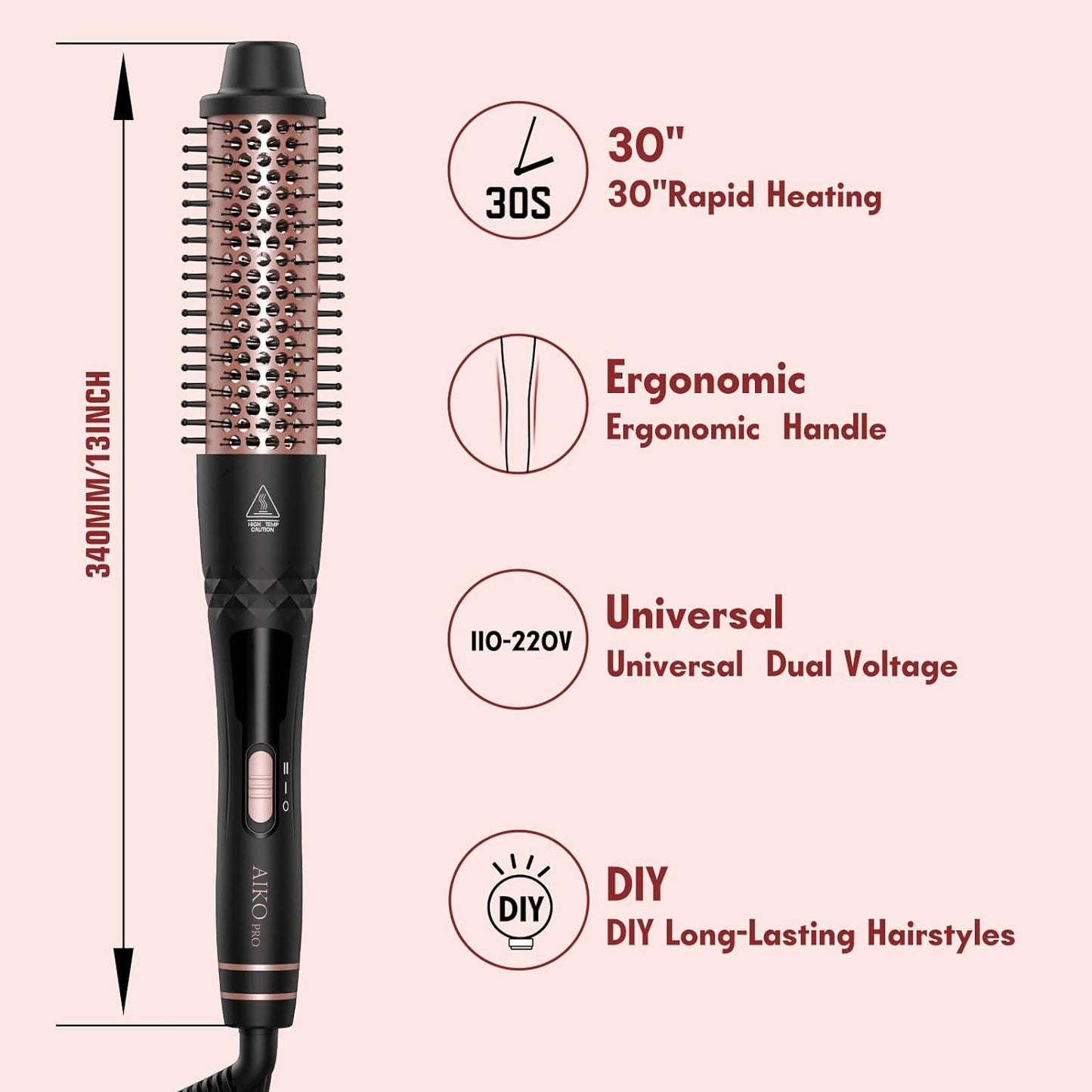 1.5 Inch Thermal Curling Brush for Natural Curls, Ionic Ceramic Heated Round Brush Adds Volume and Makes Hair Smoother, Dual Voltage Heated Round Brush Volumizer, Fast Heat-Up and Easy to Use