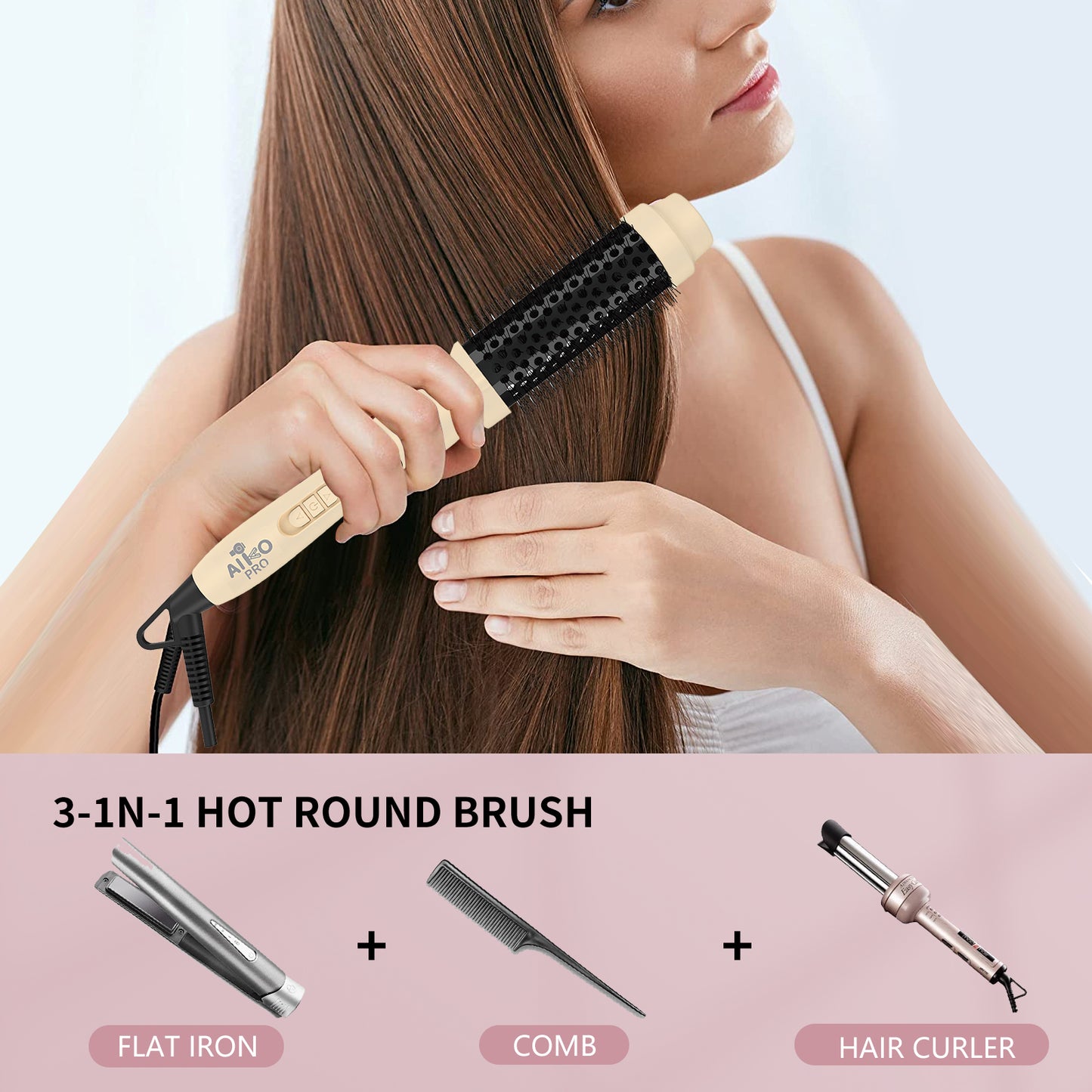 Thermal Brush for Blowout Look, 1.5 Inch Ceramic Heated Round Brush Makes Hair Shiny & Smooth, Ionic Hot Brush for Natural and Voluminous Curls, Easy to Use, Dual Voltage, Sandy