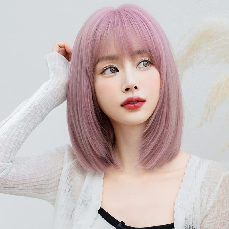 AIKO PRO Korean Fashion 14 Inch Straight Short Bob Wig for Women, Natural Shoulder-Length Straight Synthetic Short Lolita Cosplay Wigs with Bangs For Cosplay and Daily Wear, D-133, Pink