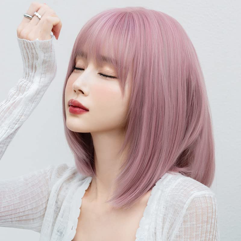 AIKO PRO Korean Fashion 14 Inch Straight Short Bob Wig for Women, Natural Shoulder-Length Straight Synthetic Short Lolita Cosplay Wigs with Bangs For Cosplay and Daily Wear, D-133, Pink