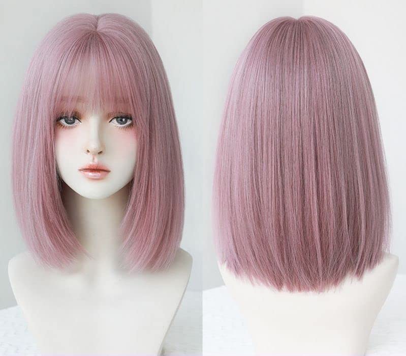 AIKO PRO Korean Fashion 14 Inch Straight Short Bob Wig for Women, Natural Shoulder-Length Straight Synthetic Short Lolita Cosplay Wigs with Bangs For Cosplay and Daily Wear, D-133, Pink