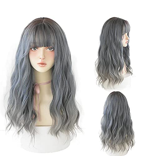 AIKO PRO Chic Korean Fashion 23 Inch Long Curly Wavy Wig Bangs, Natural Heat-Resistant Synthetic Hair Wigs with Fringe For Cosplay and Daily Wear (Gray Blue)