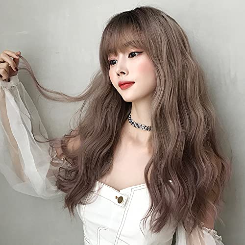 AIKO PRO Chic Korean Fashion 23 Inch Long Curly Wavy Wig Bangs, Natural Heat-Resistant Synthetic Hair Wigs with Fringe For Cosplay and Daily Wear (Gray Blue)