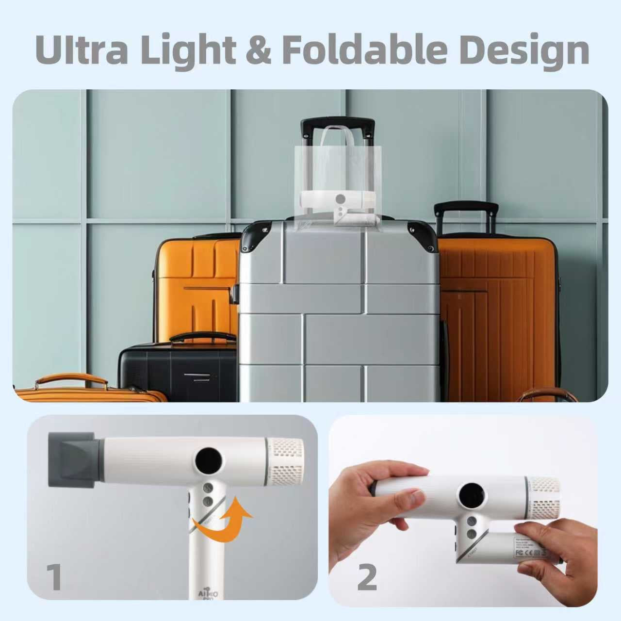 1800W High-Speed Foldable Travel Salon Ionic Blow Dryer, Brushless Motor for Fast Drying & Frizz Control, 3 Temps & 3 Speeds, Lightweight, Portable & Quiet with 3 Magnetic Nozzles