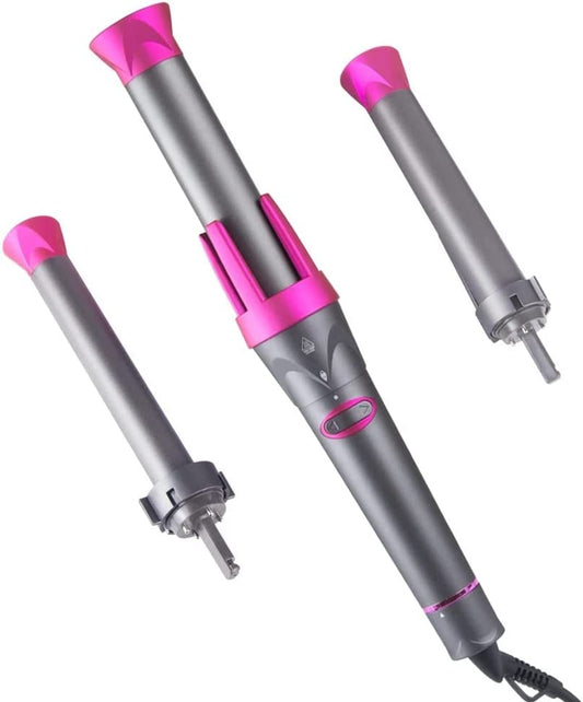 AIKO PRO Aiko Professional 3 in 1 Auto Rotating Hair Curler Curling Wand Rollers with 3 Interchangeable Ceramic Barrels, Instant Heat Up, Fast Styling Dual Voltage Salon Tool Gray, Pink HL-016
