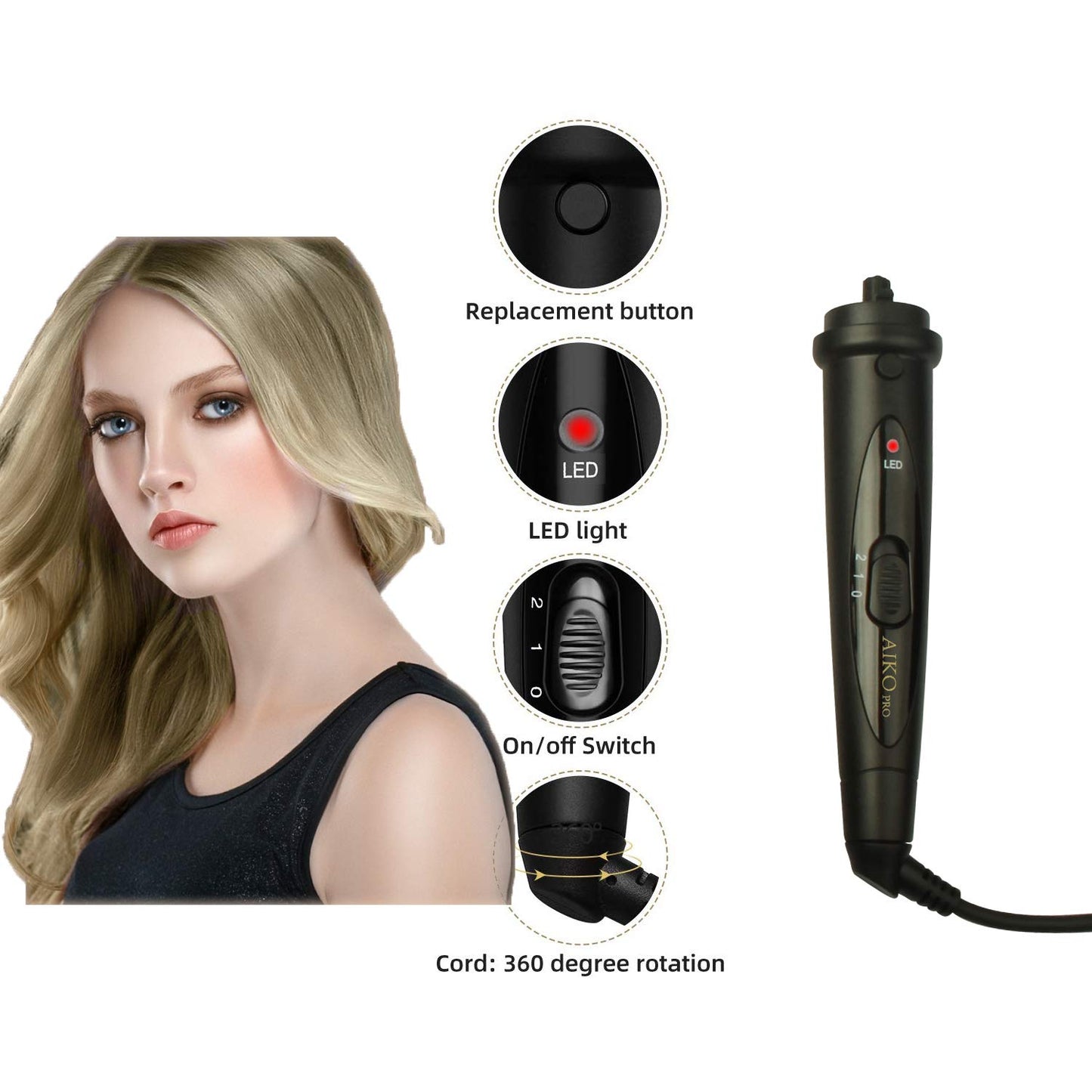 AIKO PRO 5 in 1 Advanced Titanium Curling Iron Wand Set with 5 Interchangeable Barrels Hair Curlers and Heat Resistant Glove