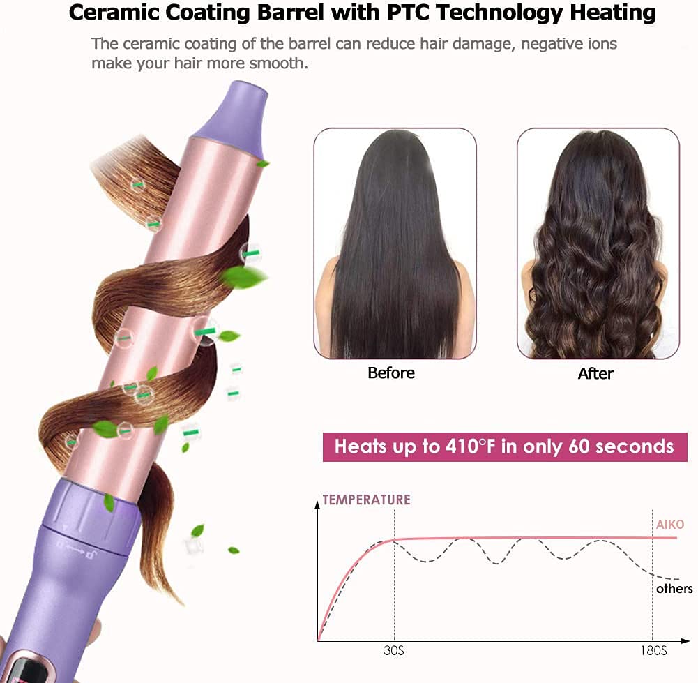 AIKO PRO 6 in 1 Interchangeable Ceramic Curling Iron, Wand Set with Hair Straightener Brush, Instant Heat-Up, Auto Shut Off LCD and Temperature Adjustment Include Glove, Dual Voltage, Purple