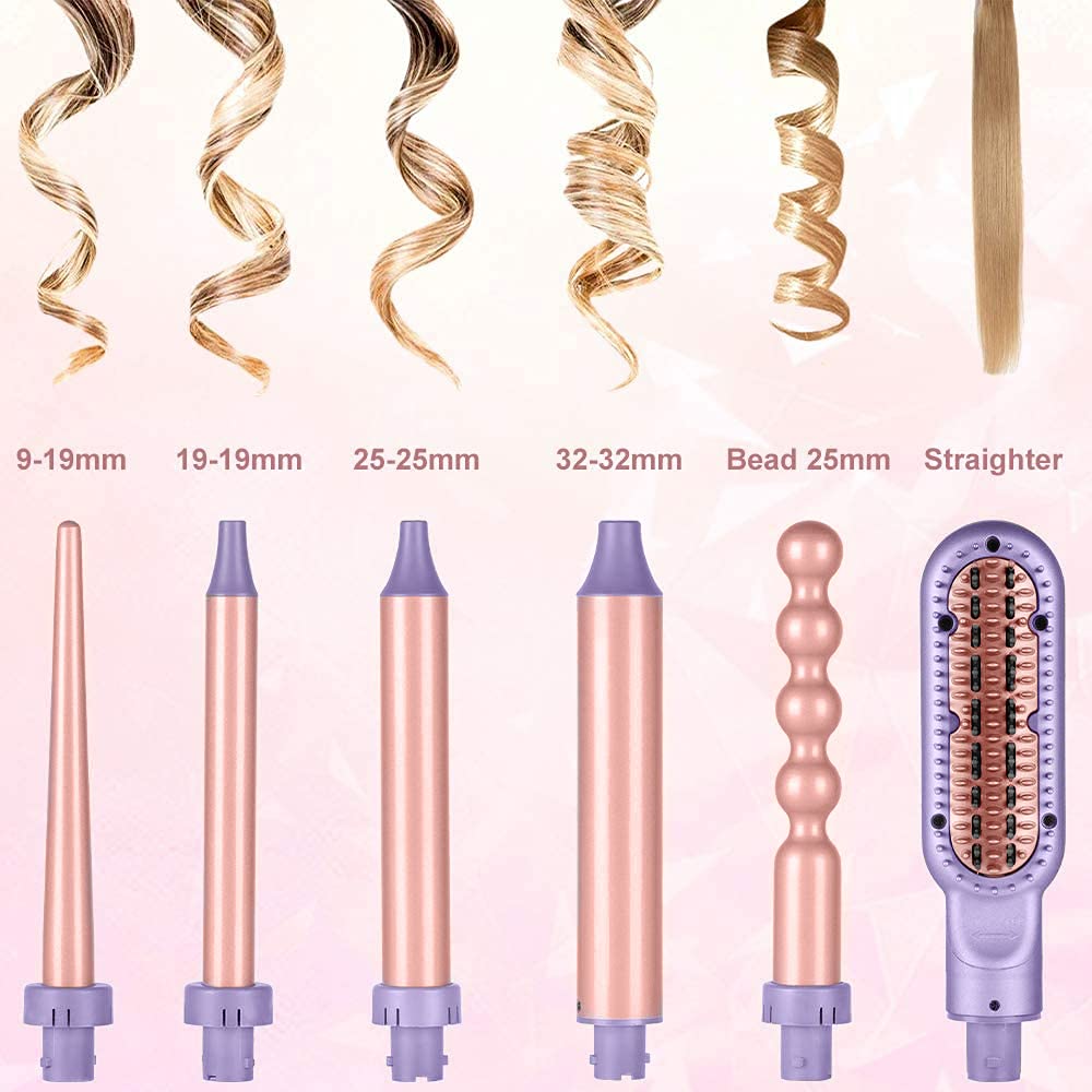AIKO PRO 6 in 1 Interchangeable Ceramic Curling Iron, Wand Set with Hair Straightener Brush, Instant Heat-Up, Auto Shut Off LCD and Temperature Adjustment Include Glove, Dual Voltage, Purple