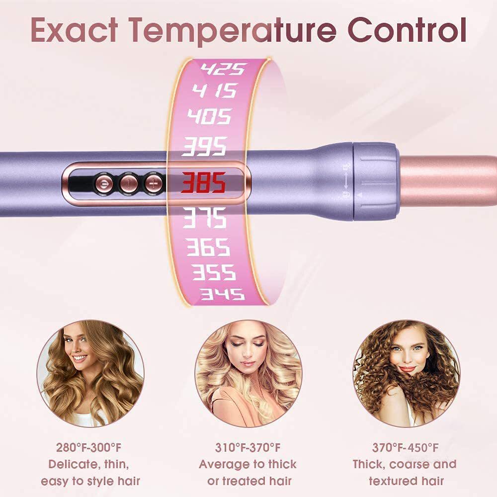 AIKO PRO 6 in 1 Interchangeable Ceramic Curling Iron, Wand Set with Hair Straightener Brush, Instant Heat-Up, Auto Shut Off LCD and Temperature Adjustment Include Glove, Dual Voltage, Purple