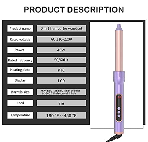 AIKO PRO 6 in 1 Interchangeable Ceramic Curling Iron, Wand Set with Hair Straightener Brush, Instant Heat-Up, Auto Shut Off LCD and Temperature Adjustment Include Glove, Dual Voltage, Purple