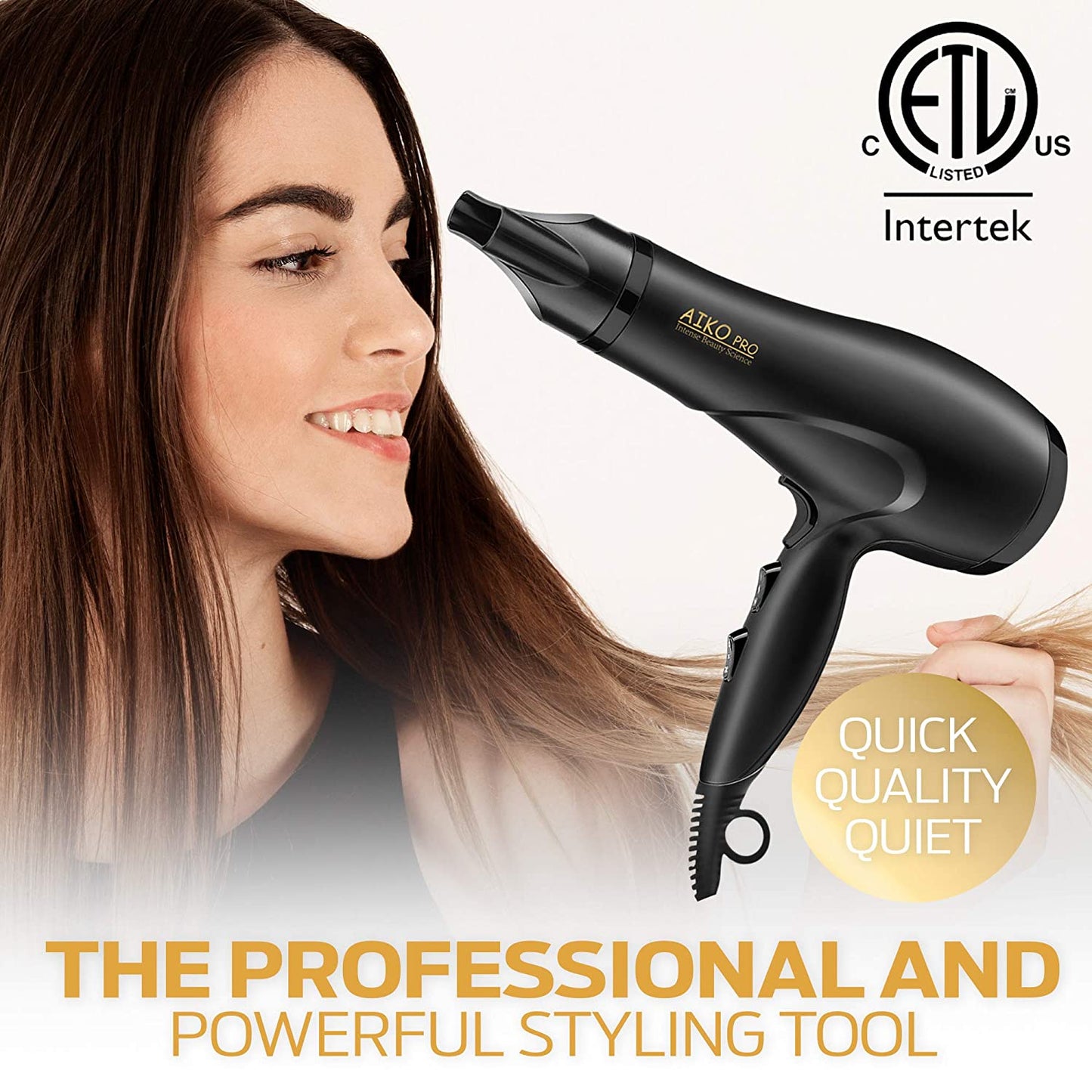 AIKO PRO 1875W Negative Ionic Professional Fast Dryer Hair Dryer, Lightweight Salon Performance Blow Dryer, Blow Hot or Cool Air, with Concentrator, 2 Speed and 3 Heat Settings, ETL Certified