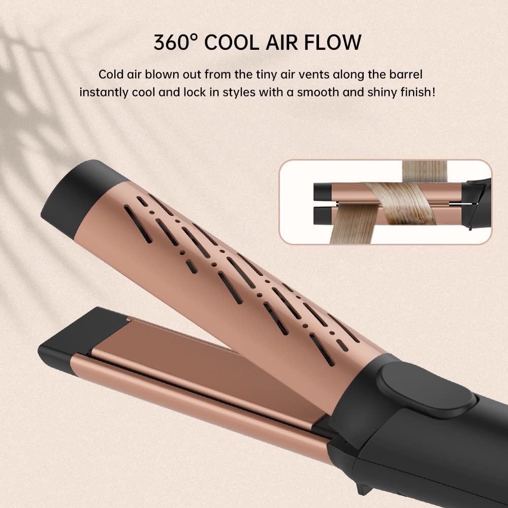 AIKO PRO 2 in 1 Cool Airflow Curler Titanium Curling Wand 1-Inch Hair Smoothing Iron Styler Professional Straight and Curl Hair Tools with Anti-Scald Dual Voltage Gift (Rose Gold Black)