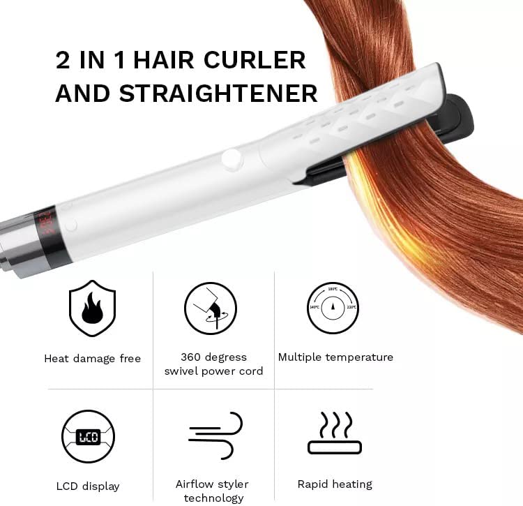 AIKO PRO 2 in 1 Ceramic Cool Airflow Hair Styler Portable Hair Straightener and Curler, 3D Floating Plate Flat Iron, Cool Air Styler, Travel-Friendly Dual Voltage White