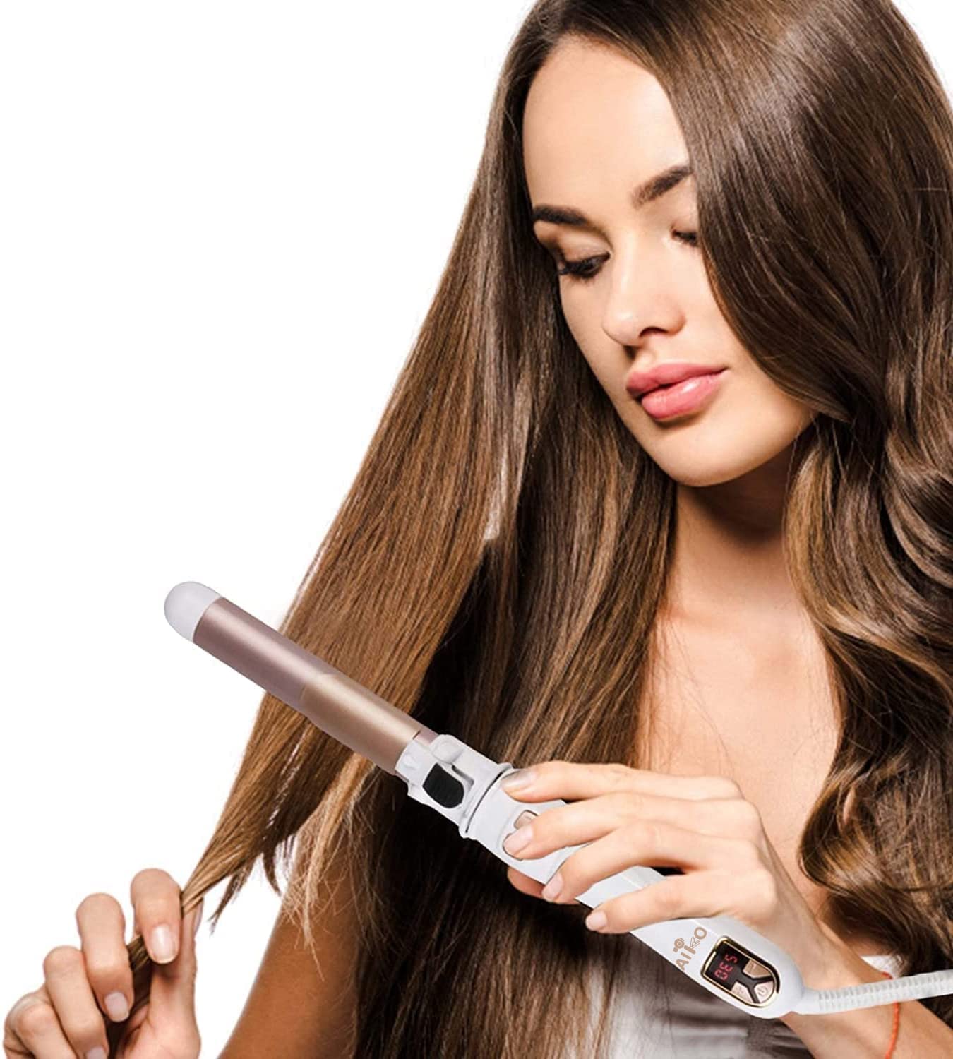 AIKO PRO Auto Rotating Hair Curler Curling Wand 28mm 1.1 Inch Curling Irons Hair Waver 30s Instant Heat-Up, Anti-Scald & Dual Voltage, with LCD Temp Display, White & Rose Gold