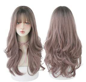 AIKO PRO Chic Korean Fashion 26 Inch Long Wavy Curly Wig, Natural Heat-Resistant Synthetic Hair Wigs with Bands For Cosplay and Daily Wear (Pink Brown) (C-8266)