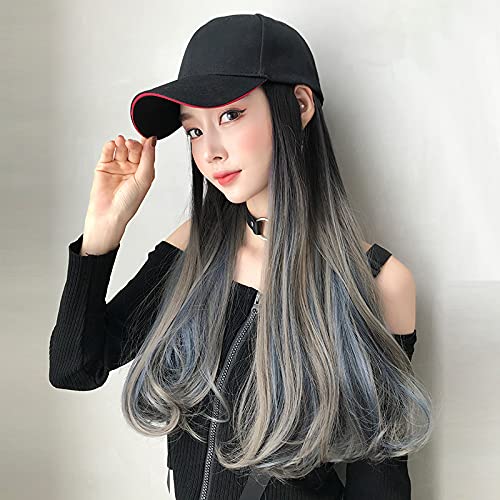 AIKO PRO Baseball Cap with Hair Extensions for Women Adjustable Black Hat Attached With Synthetic Wig, 24inch Long Wavy Hair Black Cap (Ash Gray with Blue)