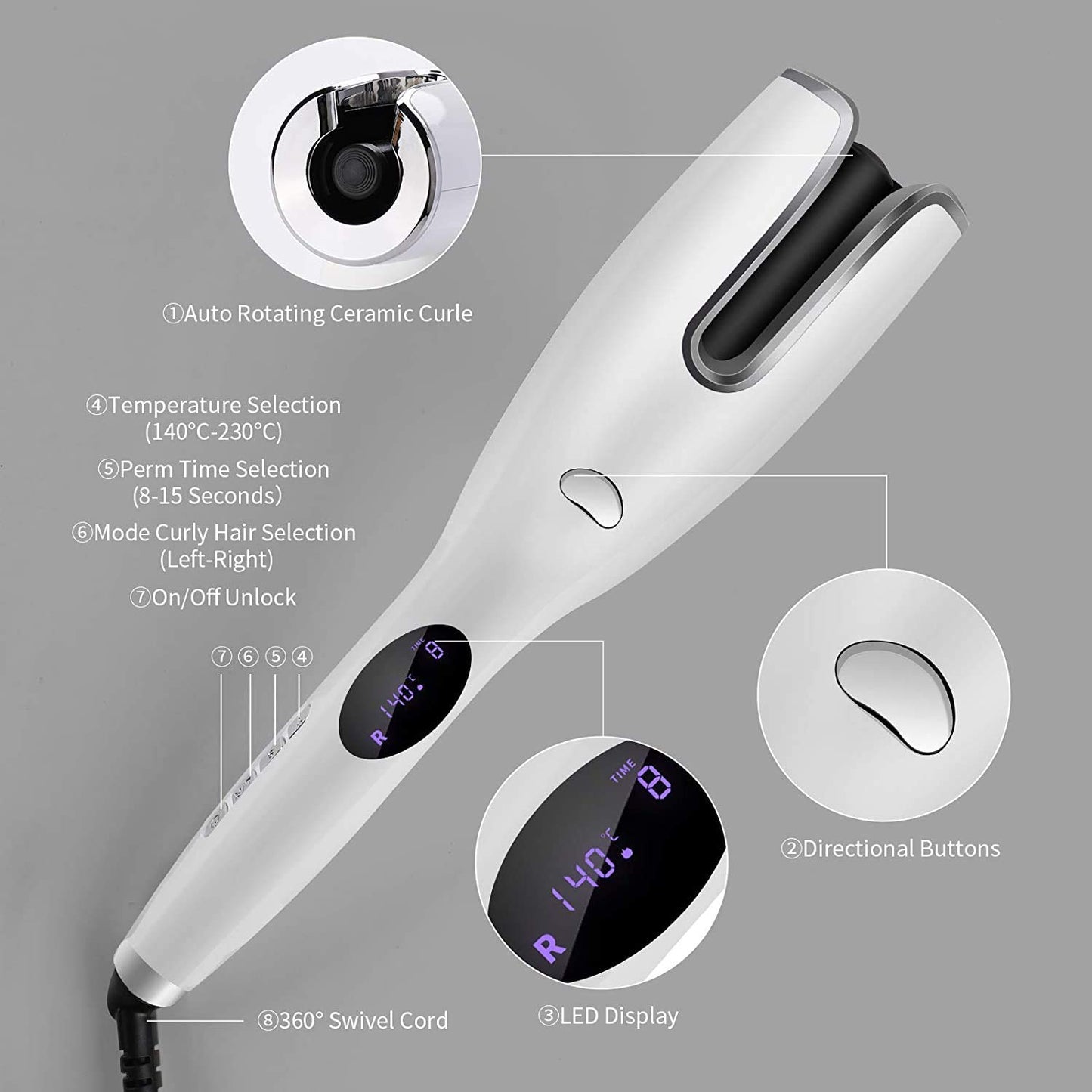 AIKO PRO LCD Automatic Ceramic Air Rotating Portable Curling Iron Wand Anti-Scald Hair Curler with LED Display, Adjustable Temp & Dual Voltage Air Spin N Curler Fast Heat-Up for All Hair Types