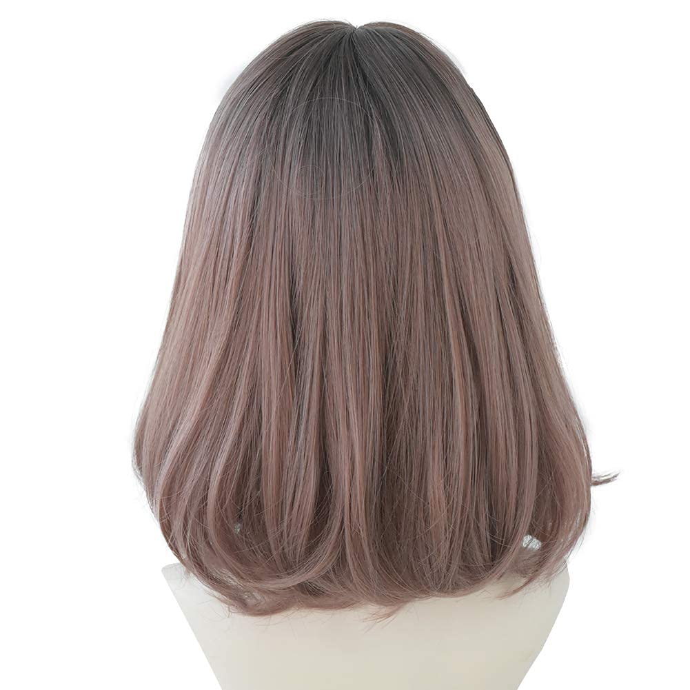AIKO PRO Korean Fashion 14 Inch Straight Short Wig for Women, Natural Shoulder-Length Straight Synthetic Short Lolita Wigs with Bangs For Cosplay and Daily Wear D-3106 Pink Brown
