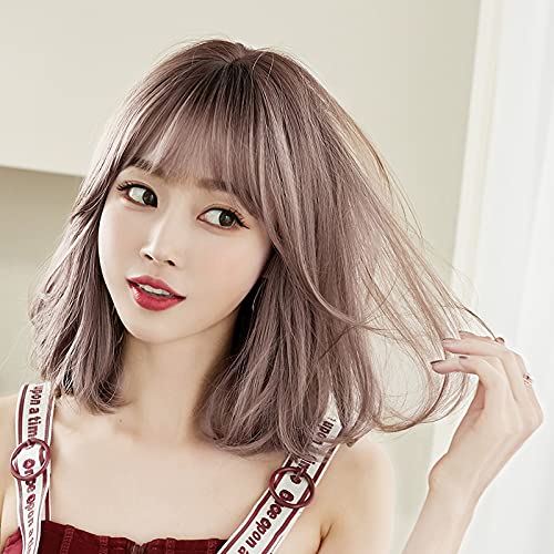 AIKO PRO Korean Fashion 14 Inch Straight Short Wig for Women, Natural Shoulder-Length Straight Synthetic Short Lolita Wigs with Bangs For Cosplay and Daily Wear D-3106 Pink Brown