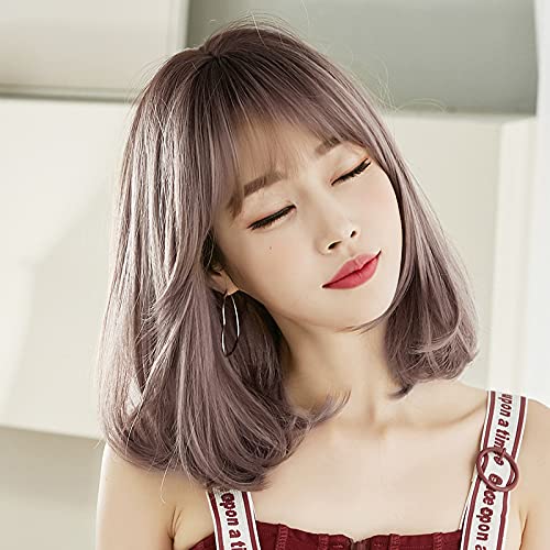 AIKO PRO Korean Fashion 14 Inch Straight Short Wig for Women, Natural Shoulder-Length Straight Synthetic Short Lolita Wigs with Bangs For Cosplay and Daily Wear D-3106 Pink Brown