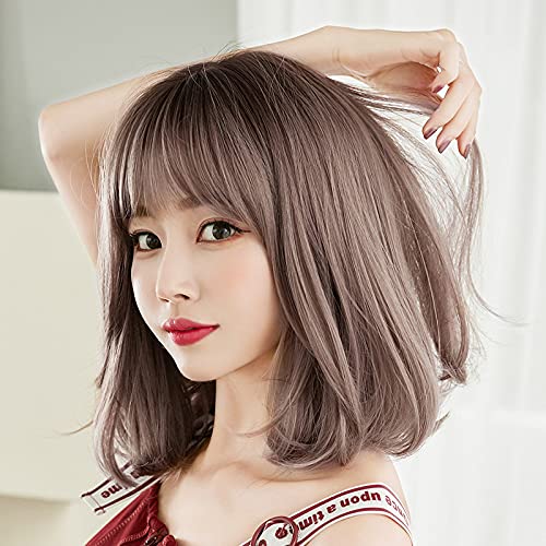 AIKO PRO Korean Fashion 14 Inch Straight Short Wig for Women, Natural Shoulder-Length Straight Synthetic Short Lolita Wigs with Bangs For Cosplay and Daily Wear D-3106 Pink Brown