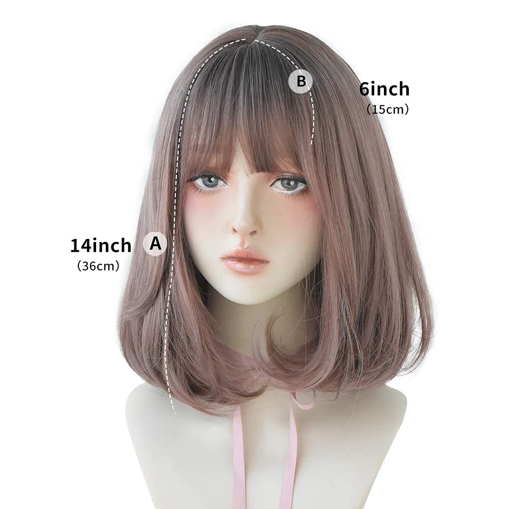 AIKO PRO Korean Fashion 14 Inch Straight Short Wig for Women, Natural Shoulder-Length Straight Synthetic Short Lolita Wigs with Bangs For Cosplay and Daily Wear D-3106 Pink Brown
