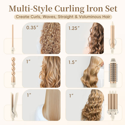 AIKO PRO 6 in 1 Curling Iron Set with Thermal Brush, Hair Straightener, 3 Barrel Hair Crimper, 3 Ceramic Curling Wands (0.35"-1.25"), Fast Heat Up, Dual Voltage with a Glove, Gifts for Women