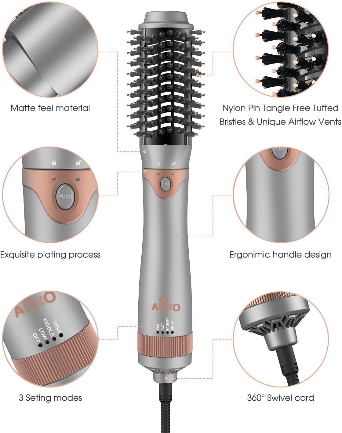AIKO PRO 4-in-1 Hair Dryer Brush, Negative Ion Detachable Hair Dryer Styler Hot Air Hair Dryer for Straightening Curling Drying Multifunctional Styling, 1000W, Gray, Rose Gold