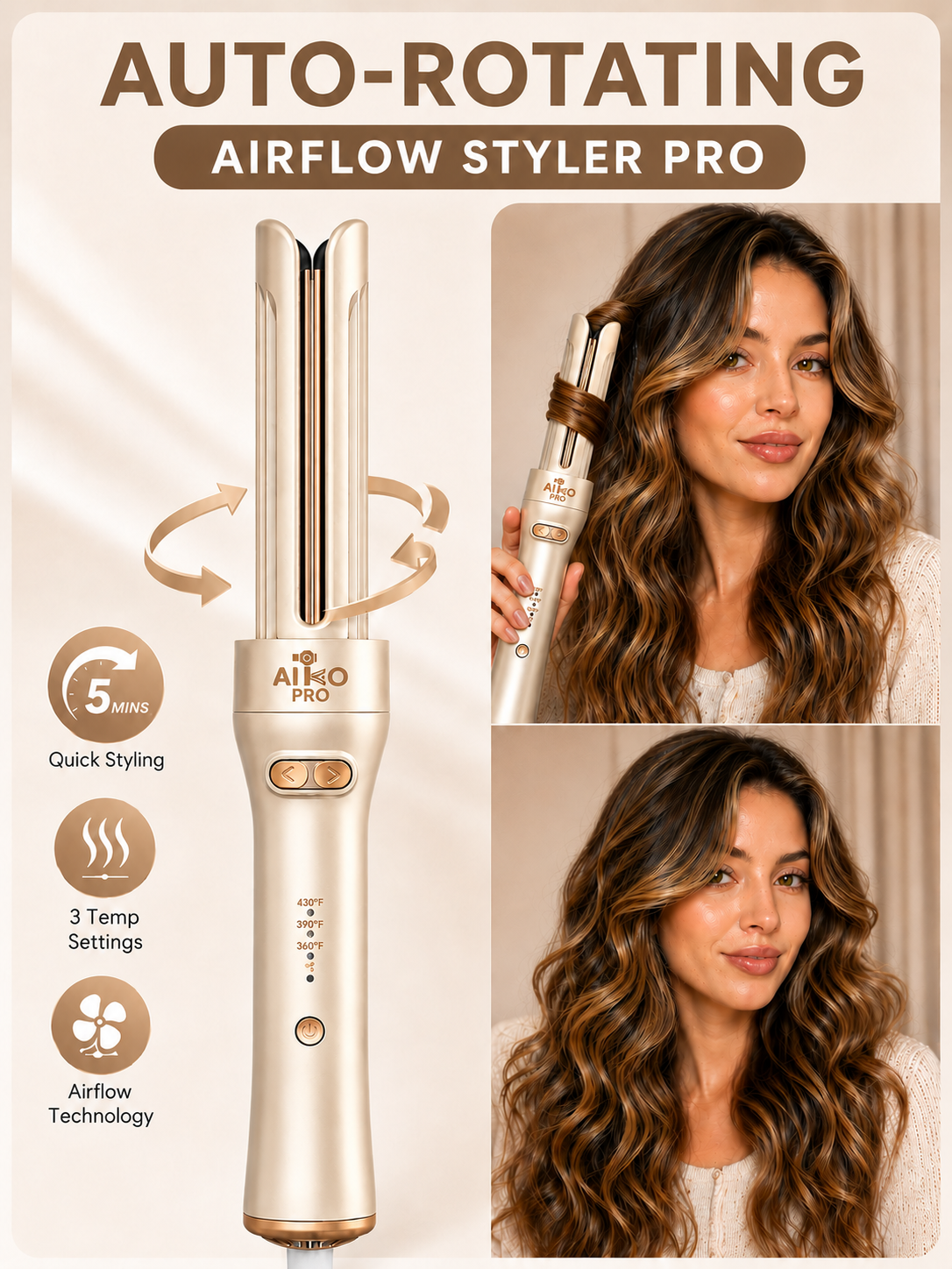 Cool Airflow Automatic Rotating Styler 3.0 Cool Air Technology for Tangle-Free, Lasting Bounce & Shine, Low Heat Risk, Global Use, 3 Temp Settings