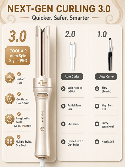 Cool Airflow Automatic Rotating Styler 3.0 Cool Air Technology for Tangle-Free, Lasting Bounce & Shine, Low Heat Risk, Global Use, 3 Temp Settings
