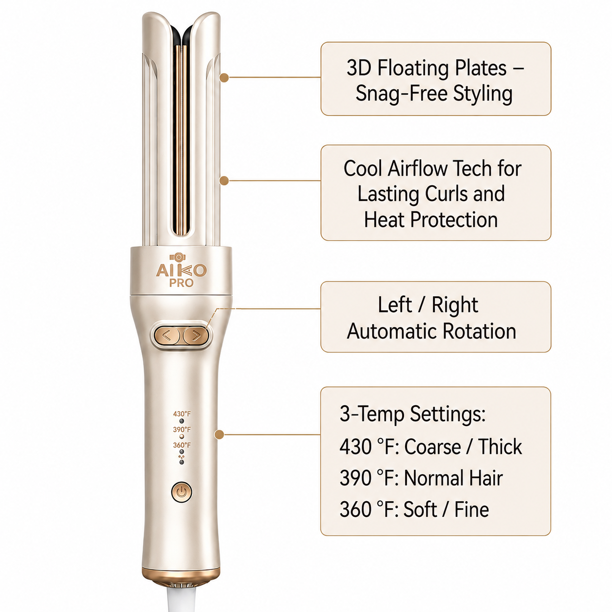Cool Airflow Automatic Rotating Styler 3.0 Cool Air Technology for Tangle-Free, Lasting Bounce & Shine, Low Heat Risk, Global Use, 3 Temp Settings