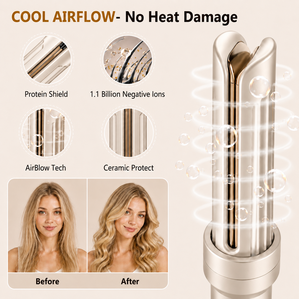 Cool Airflow Automatic Rotating Styler 3.0 Cool Air Technology for Tangle-Free, Lasting Bounce & Shine, Low Heat Risk, Global Use, 3 Temp Settings