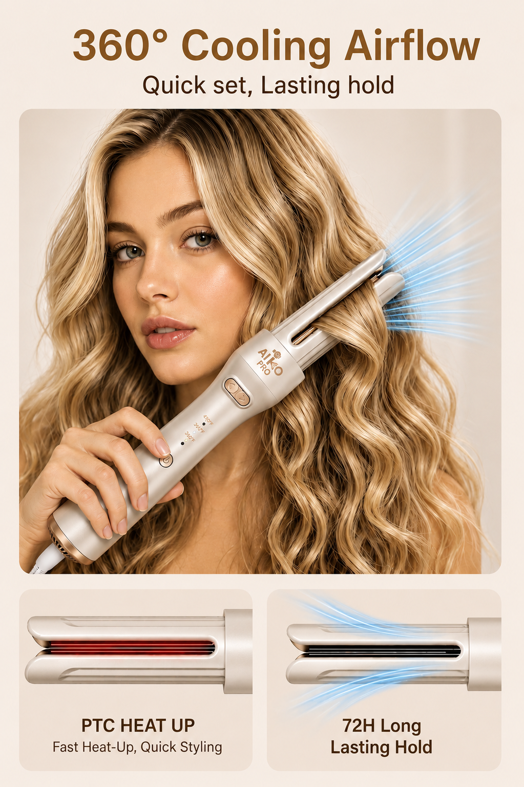 Cool Airflow Automatic Rotating Styler 3.0 Cool Air Technology for Tangle-Free, Lasting Bounce & Shine, Low Heat Risk, Global Use, 3 Temp Settings