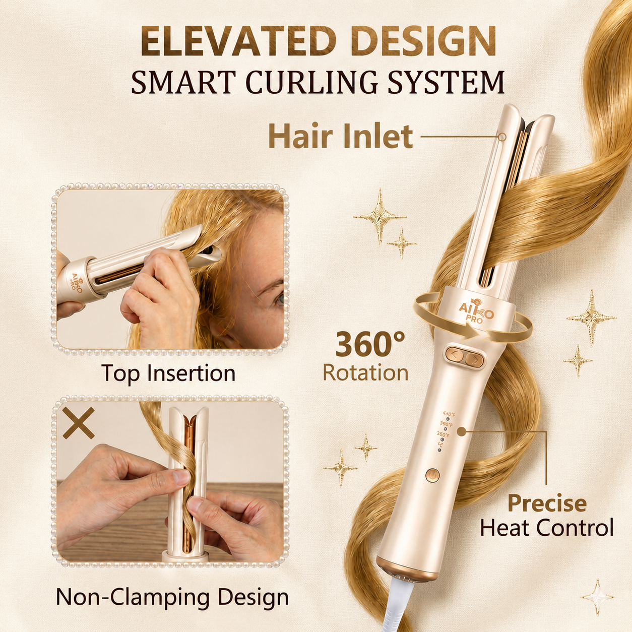 Cool Airflow Automatic Rotating Styler 3.0 Cool Air Technology for Tangle-Free, Lasting Bounce & Shine, Low Heat Risk, Global Use, 3 Temp Settings