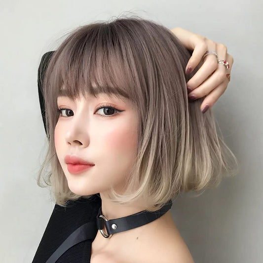 AIKO PRO Korean Fashion 12 Inch Gradient Color Short Bob Wig for Women with Bangs, Natural Synthetic Short Lolita Cosplay Wigs For Cosplay and Daily Wear, Ombre