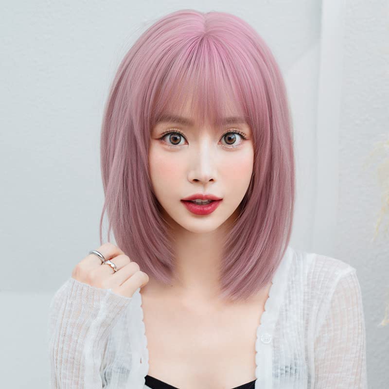 AIKO PRO Korean Fashion 14 Inch Straight Short Bob Wig for Women, Natural Shoulder-Length Straight Synthetic Short Lolita Cosplay Wigs with Bangs For Cosplay and Daily Wear, D-133, Pink