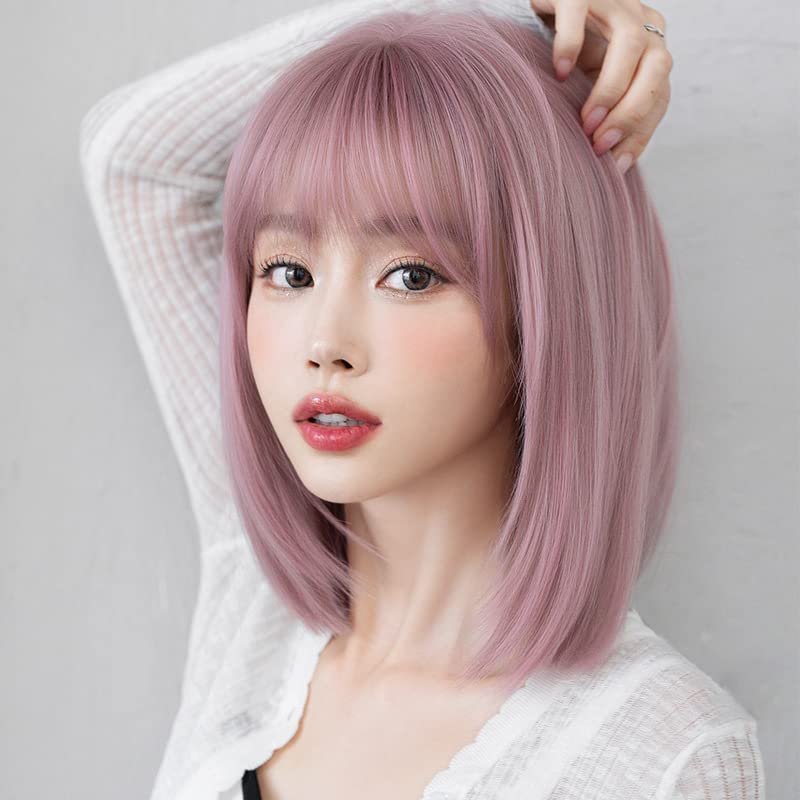 AIKO PRO Korean Fashion 14 Inch Straight Short Bob Wig for Women, Natural Shoulder-Length Straight Synthetic Short Lolita Cosplay Wigs with Bangs For Cosplay and Daily Wear, D-133, Pink