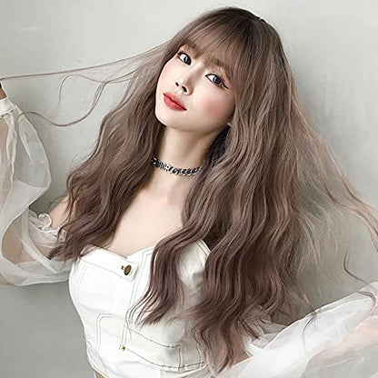 AIKO PRO Chic Korean Fashion 23 Inch Long Curly Wavy Wig Bangs, Natural Heat-Resistant Synthetic Hair Wigs with Fringe For Cosplay and Daily Wear (Gray Blue)