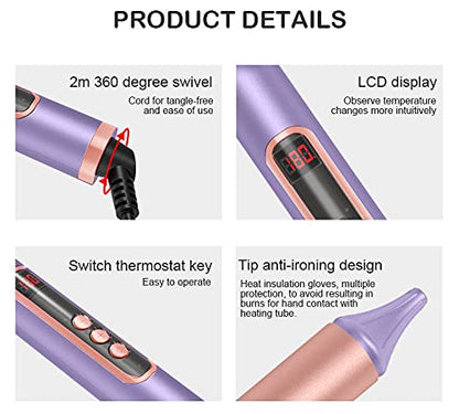 AIKO PRO 6 in 1 Interchangeable Ceramic Curling Iron, Wand Set with Hair Straightener Brush, Instant Heat-Up, Auto Shut Off LCD and Temperature Adjustment Include Glove, Dual Voltage, Purple