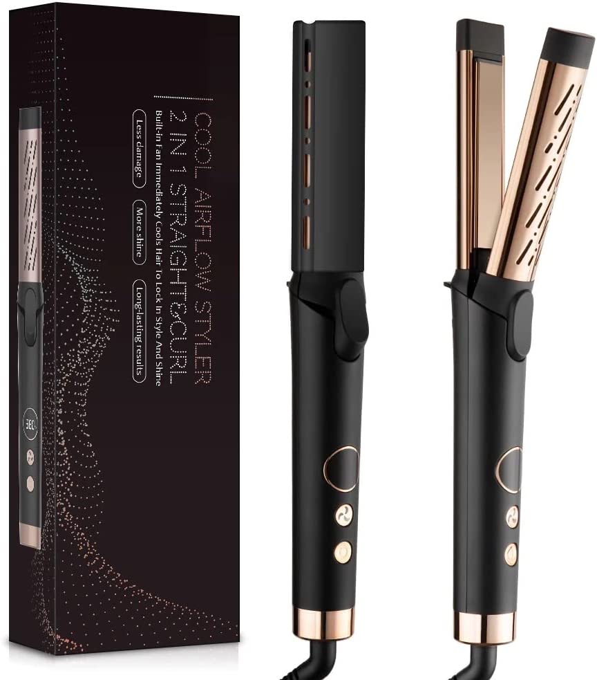 AIKO PRO 2 in 1 Cool Airflow Curler Titanium Curling Wand 1-Inch Hair Smoothing Iron Styler Professional Straight and Curl Hair Tools with Anti-Scald Dual Voltage Gift (Rose Gold Black)