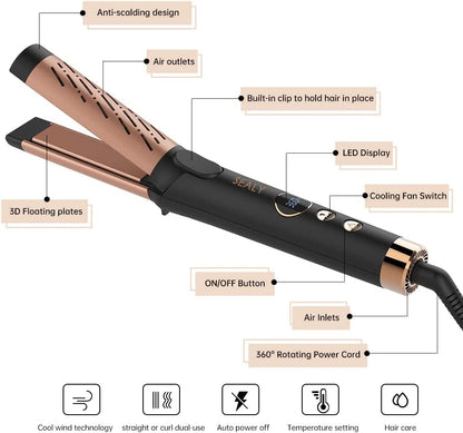 AIKO PRO 2 in 1 Cool Airflow Curler Titanium Curling Wand 1-Inch Hair Smoothing Iron Styler Professional Straight and Curl Hair Tools with Anti-Scald Dual Voltage Gift (Rose Gold Black)