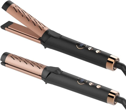 AIKO PRO 2 in 1 Cool Airflow Curler Titanium Curling Wand 1-Inch Hair Smoothing Iron Styler Professional Straight and Curl Hair Tools with Anti-Scald Dual Voltage Gift (Rose Gold Black)