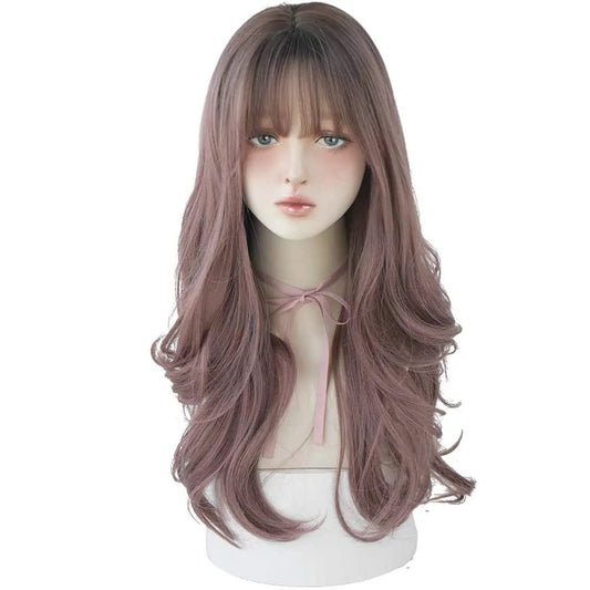 AIKO PRO Chic Korean Fashion 26 Inch Long Wavy Curly Wig, Natural Heat-Resistant Synthetic Hair Wigs with Bands For Cosplay and Daily Wear (Pink Brown) (C-8266)