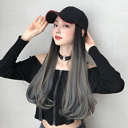 AIKO PRO Baseball Cap with Hair Extensions for Women Adjustable Black Hat Attached With Synthetic Wig, 24inch Long Wavy Hair Black Cap (Ash Gray with Blue)