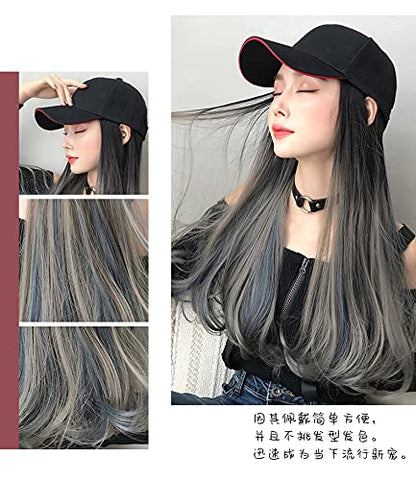AIKO PRO Baseball Cap with Hair Extensions for Women Adjustable Black Hat Attached With Synthetic Wig, 24inch Long Wavy Hair Black Cap (Ash Gray with Blue)