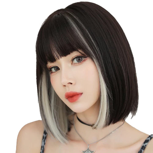 AIKO PRO Korean Fashion 13 Inch Straight Short Bob Wig for Women, Natural Shoulder-Length Straight Synthetic Short Lolita Cosplay Wigs with Bangs For Cosplay and Daily Wear D123 Black & White