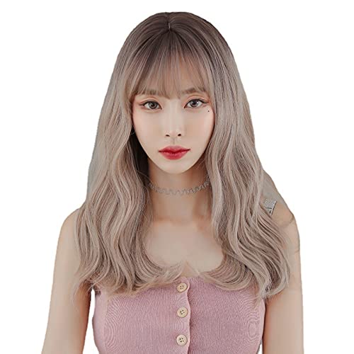 AIKO PRO Chic Korean Fashion Medium-Length Long Curly Wavy Wig Bangs, Natural Heat-Resistant Synthetic Hair Wigs with Fringe For Cosplay and Daily Wear (Pearl Flaxen), C-0306